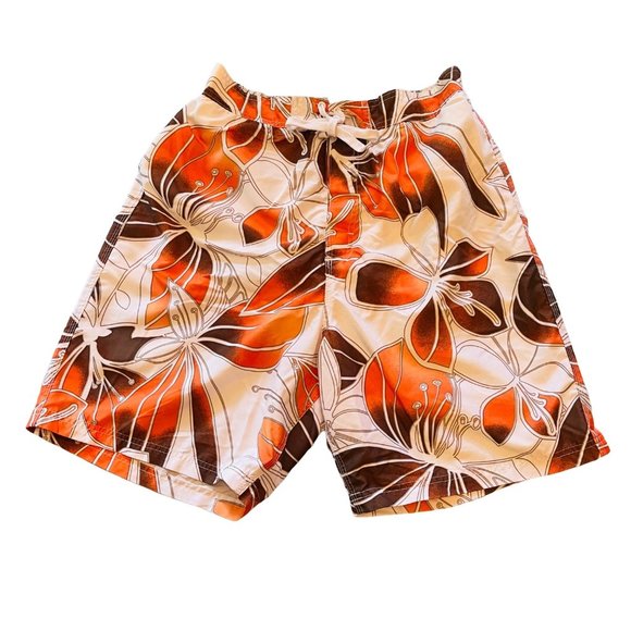 Joe Boxer Men's Swim Trunks Medium Tropical Floral Orange Brown - Picture 1 of 5